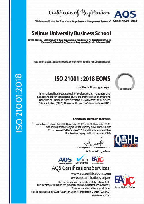 La Business Scholl della Selinus University è Certificata ISO 21001:2018 EOMS 